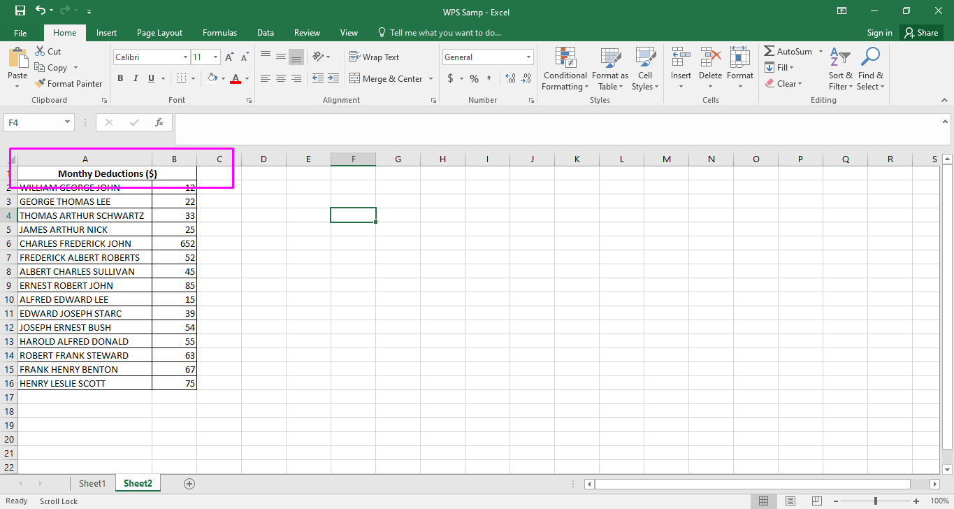 Data sample on excel