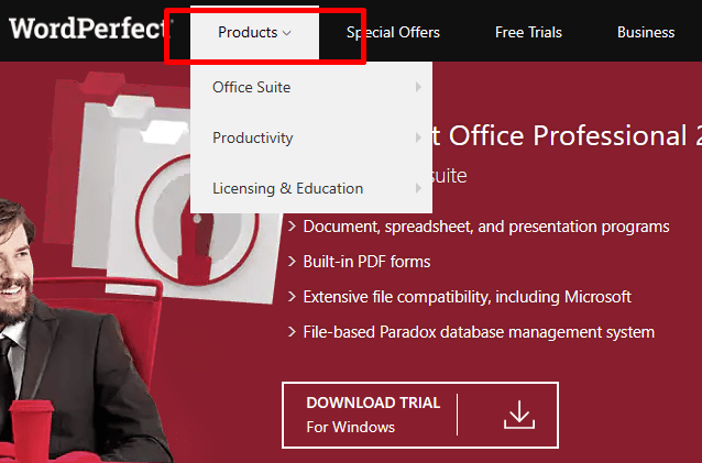 WordPerfect product version landing page