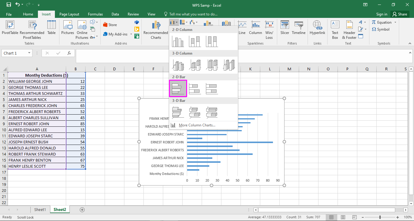 2-D column bar on Excel