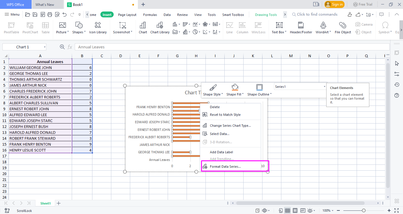 Format data series for bar graph on WPS