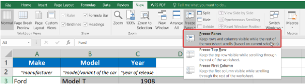 Excel Freeze panes option