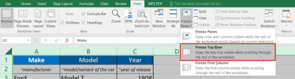 Excel Freeze top row option