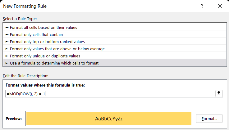 Color alternate rows formula rule