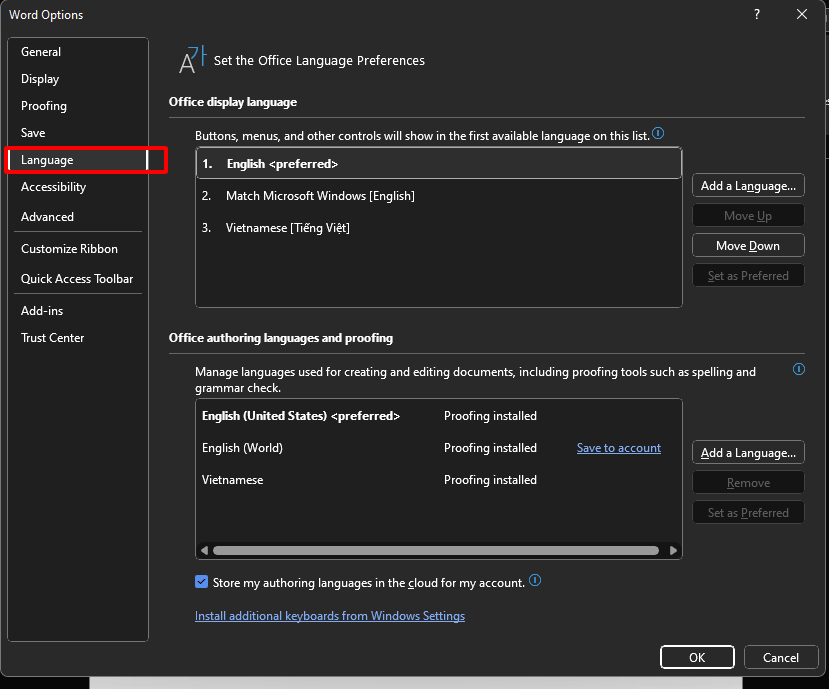 language settings in Word