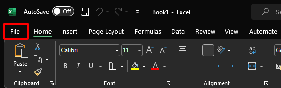 File tab on excel
