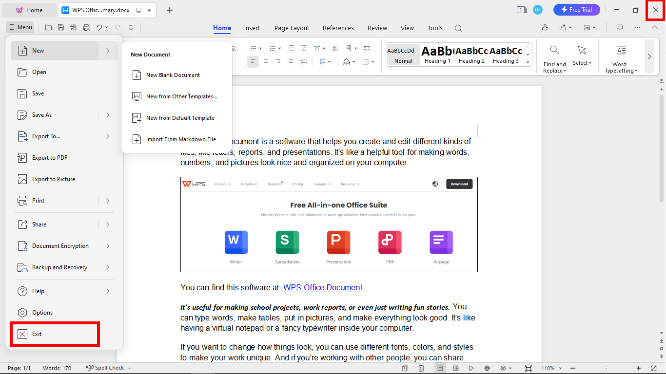 Red squares showing where to go to close a document in WPS Writer.