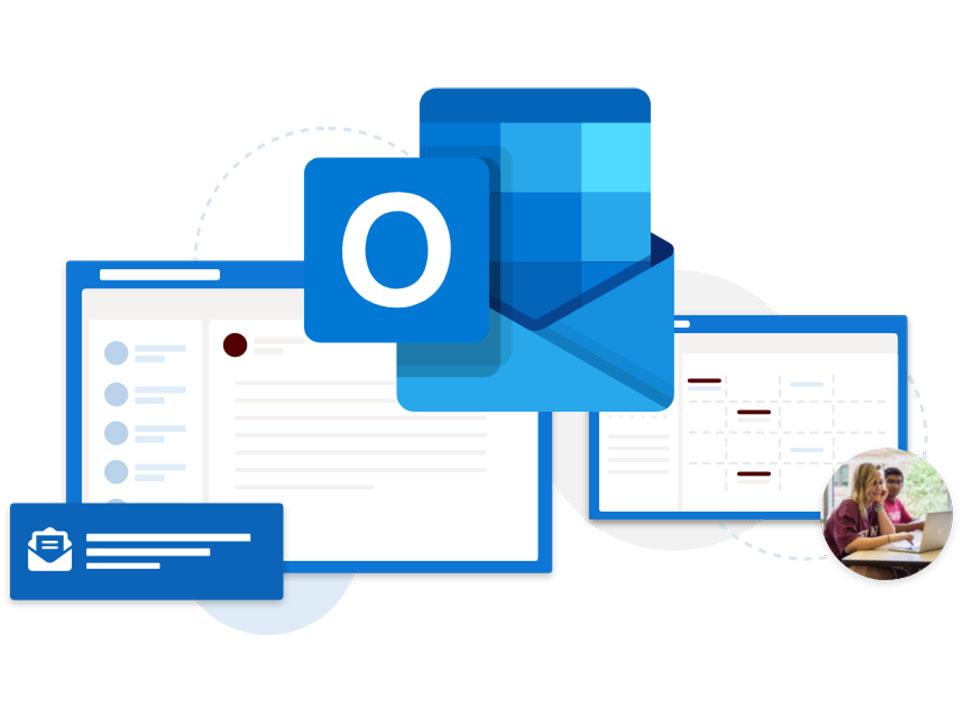 Microsoft Outlook logo with people using it at the bottom of the picture.