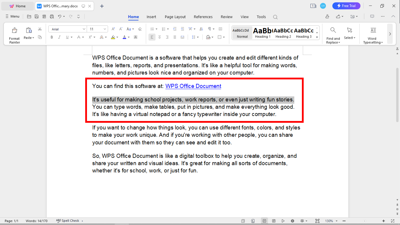 Selected text in a WPS document for editing