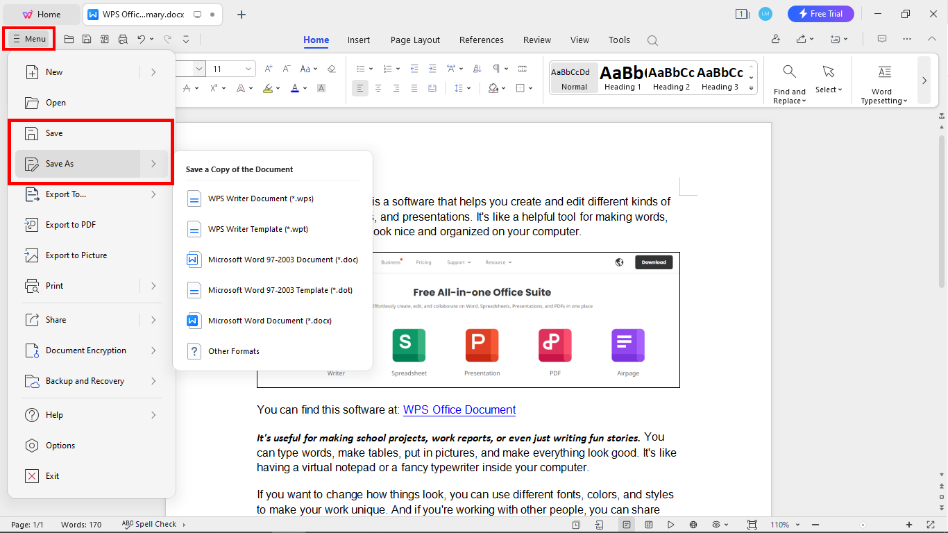 Showing where to save a document in WPS Writer.