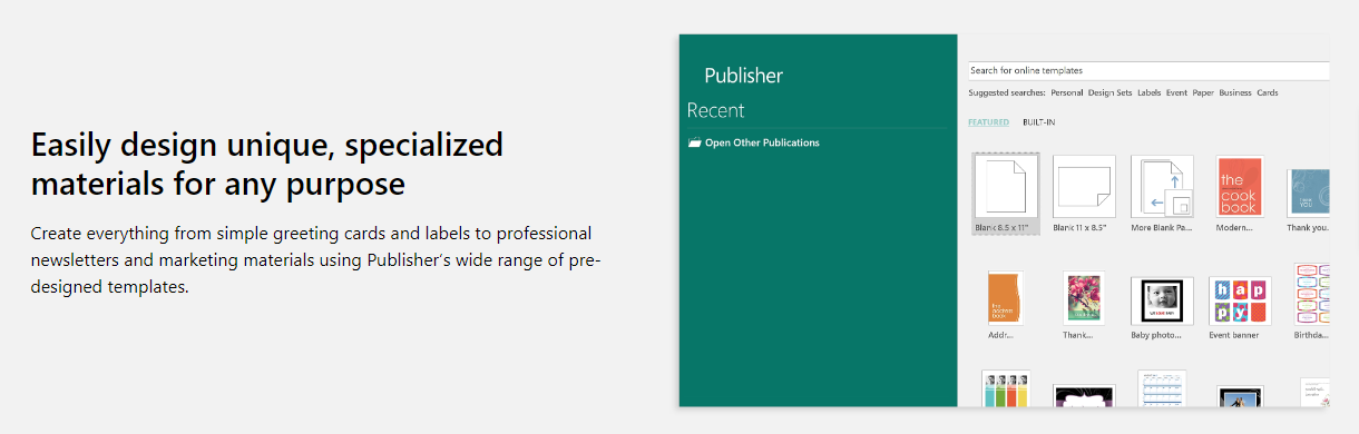 Microsoft Publisher ad with a demo of the app on the right.