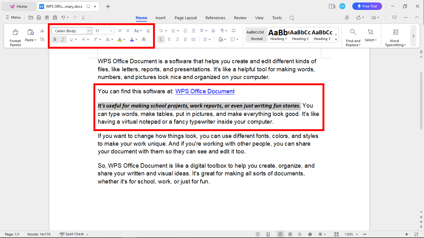 Selected text that has been edited in a WPS document and where to go to edit the document.