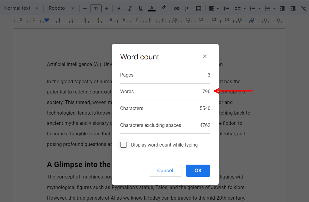 word count on Google Docs