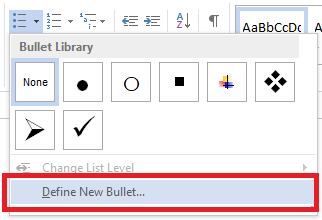 Microsoft Word bullet drop down menu