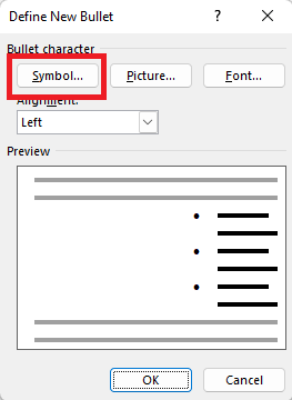 Microsoft Word define new bullet
