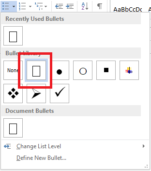 Microsoft Word insert bullet