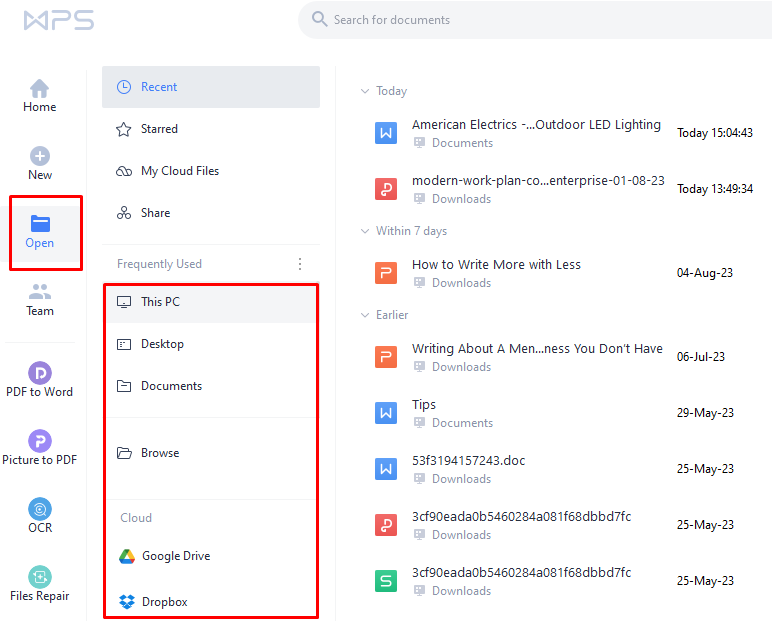 WPS file open screen