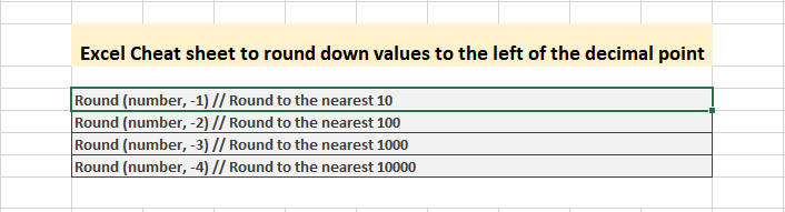 Excel Cheat sheet to round down values to the left of the decimal point