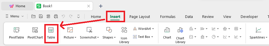 WPS Office insert tab