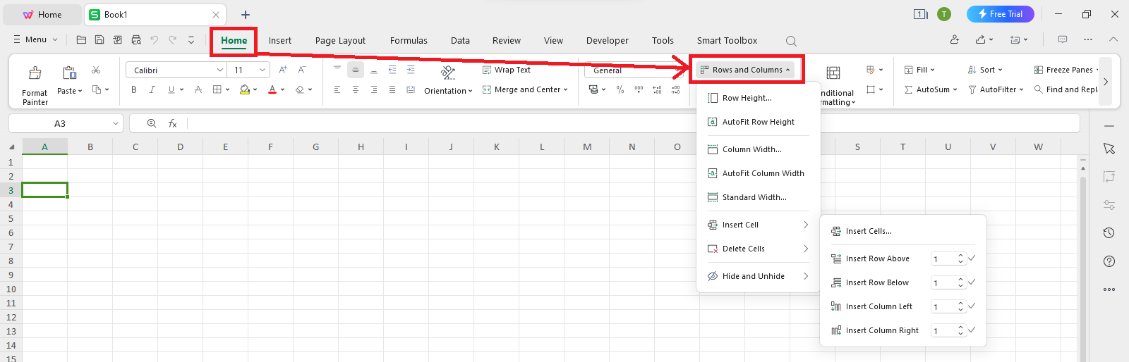 WPS Office rows and column tool