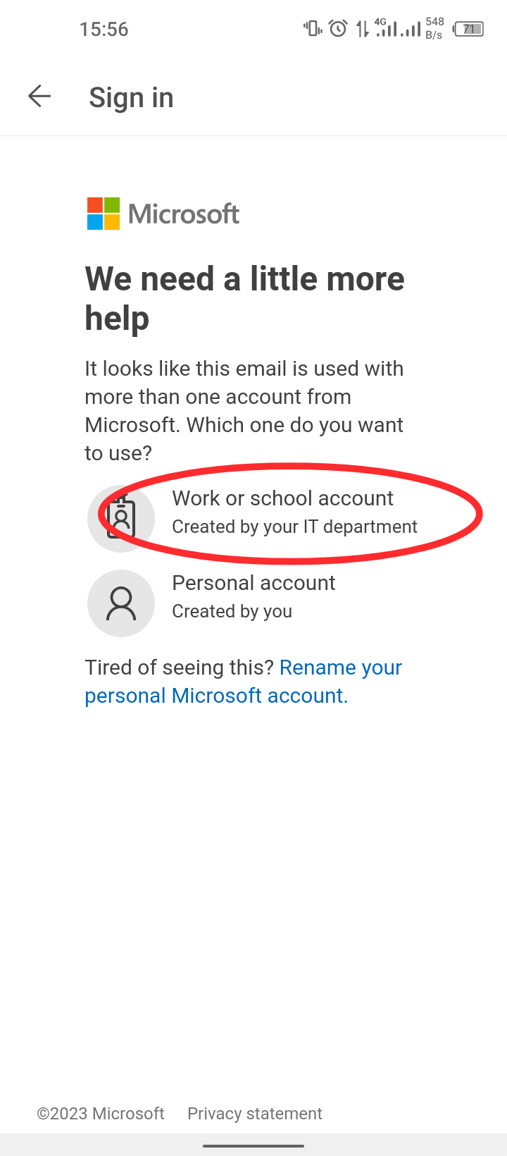 work or school account selection