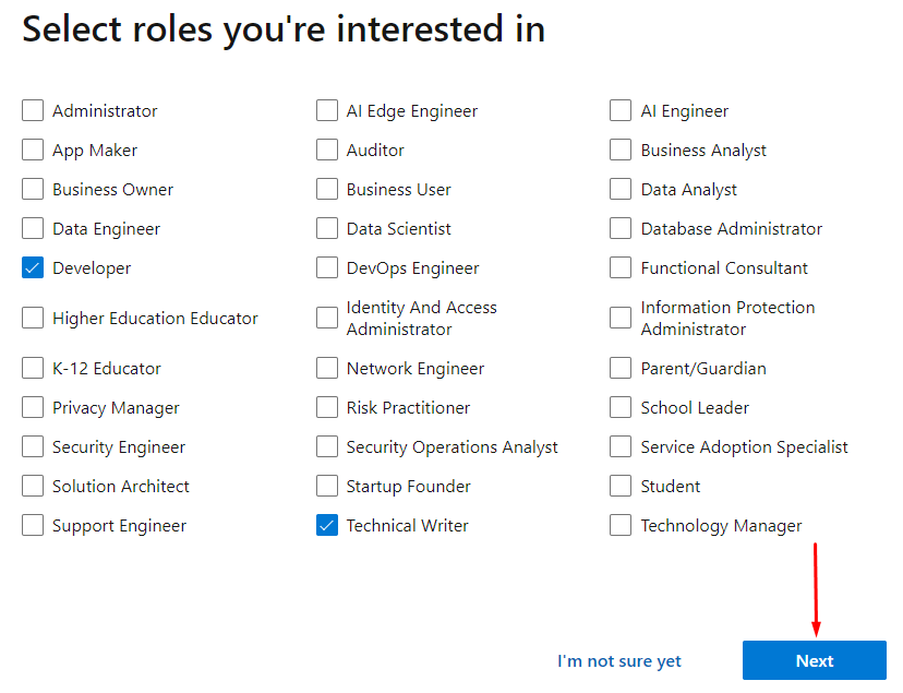 MS learn roles screen
