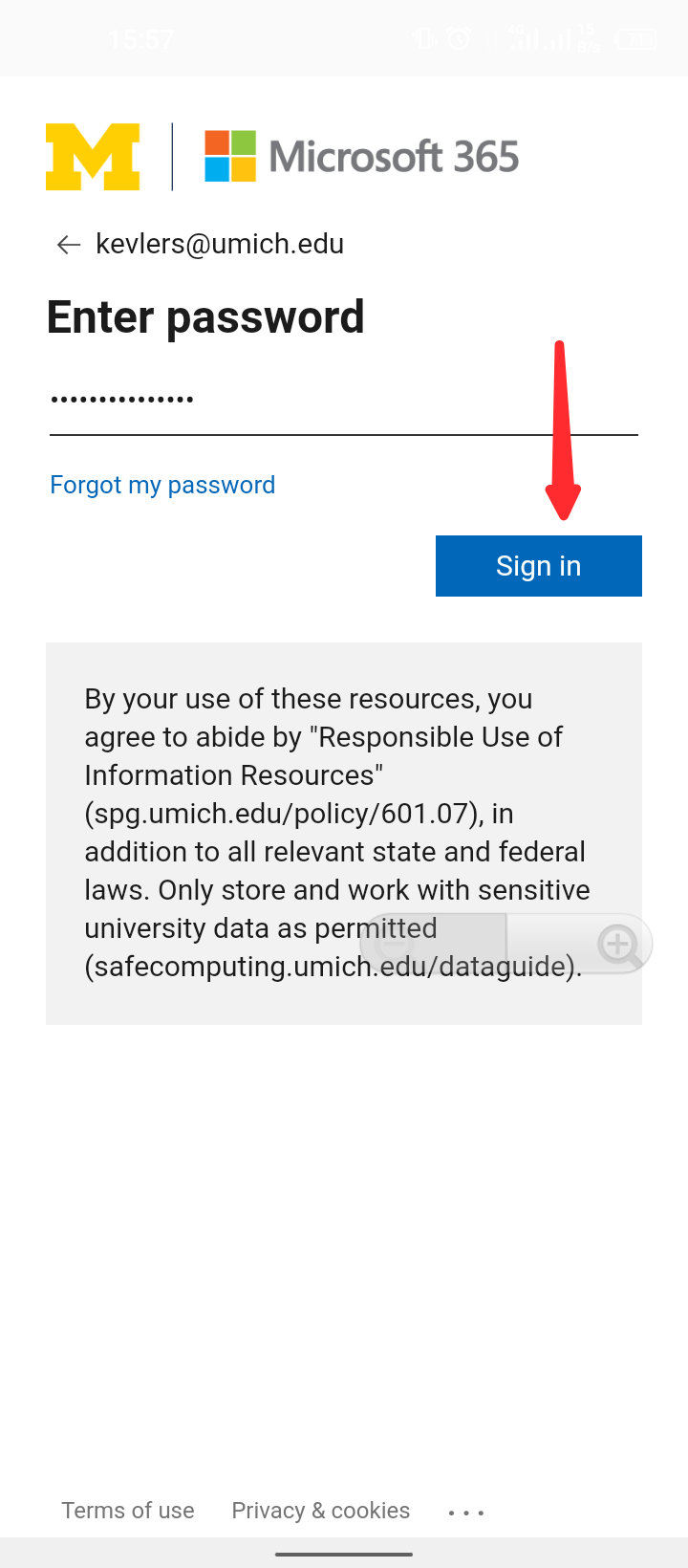 Password field and sign in