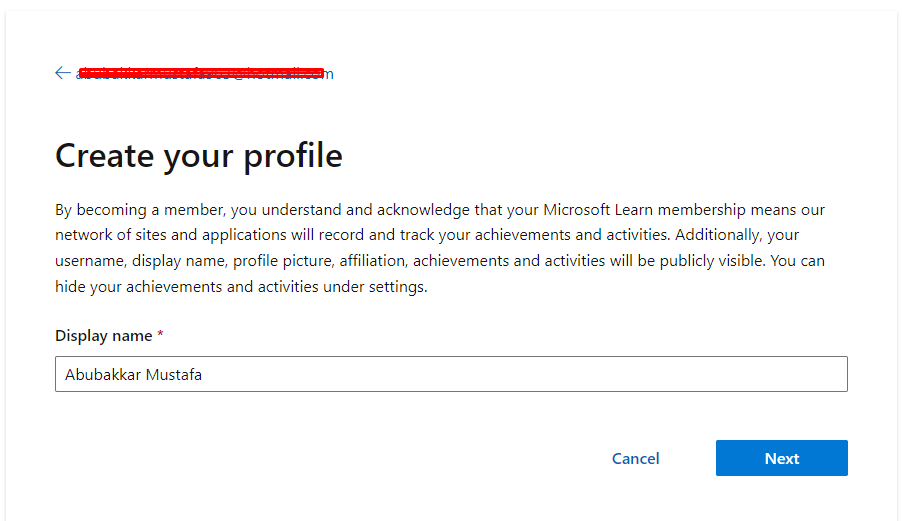 MS Learn creating profile