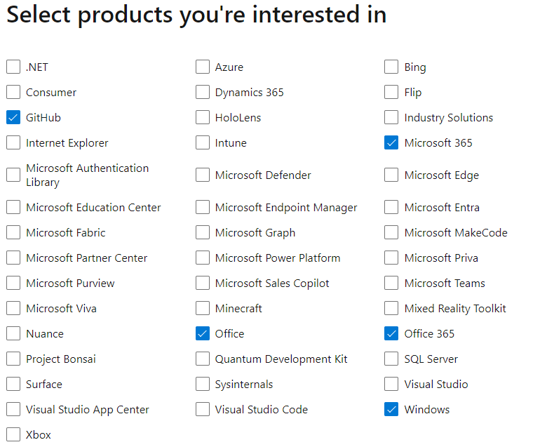 MS products selection
