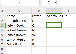 Result displayed after executing the SEARCH formula