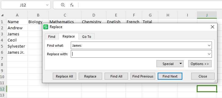 Dialogue box that appears by clicking Ctrl+H
