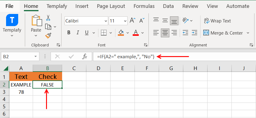 Excel formula check for text