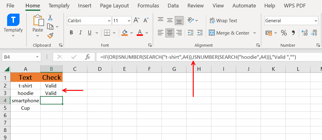 Excel formula string check