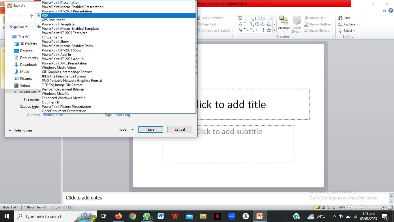 Saving in PDF format