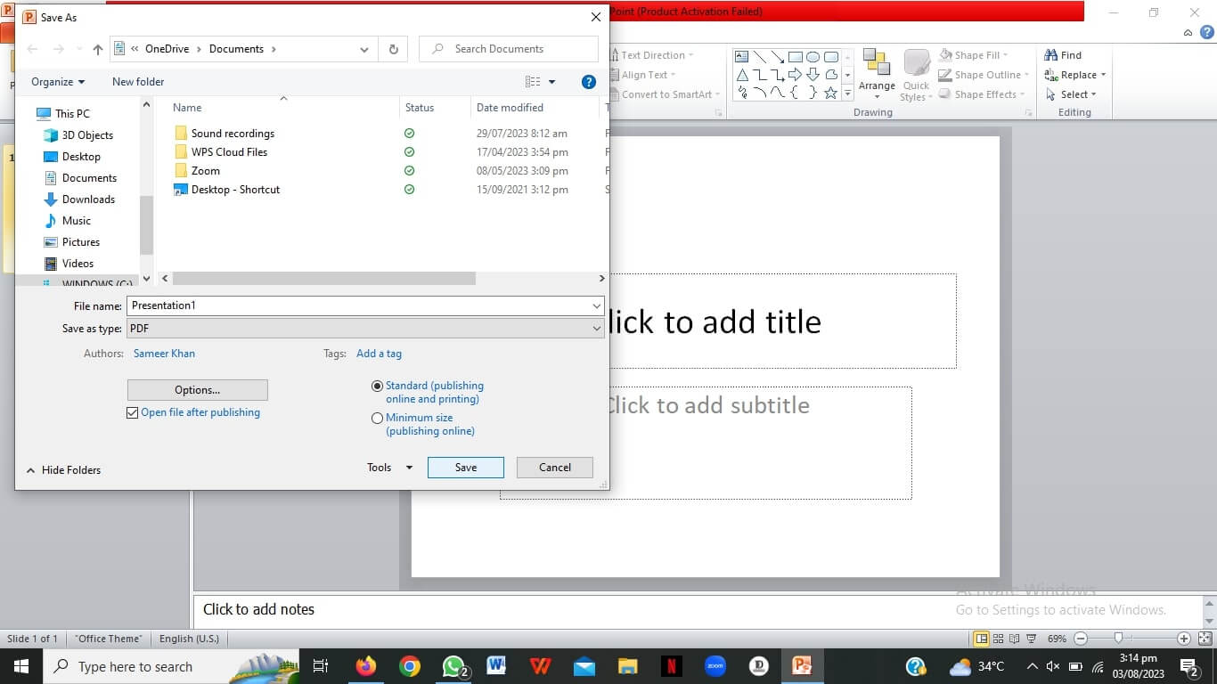 Saving in PDF format
