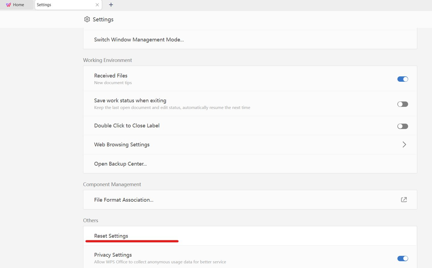 WPS Office Reset Settings