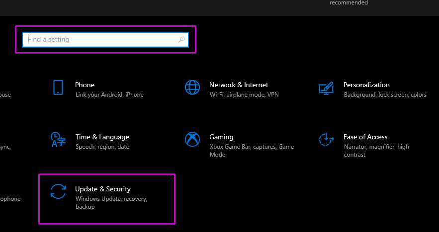 Update & Security settings