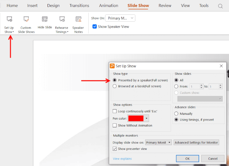 WPS Presentation Speaker notes set up