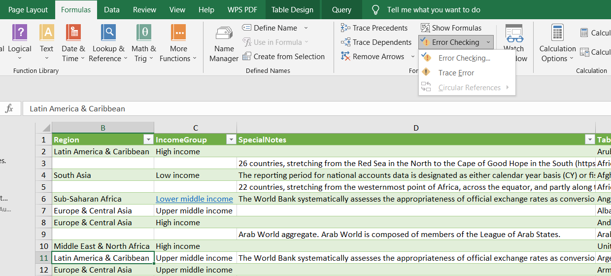 Error Checking tab layout