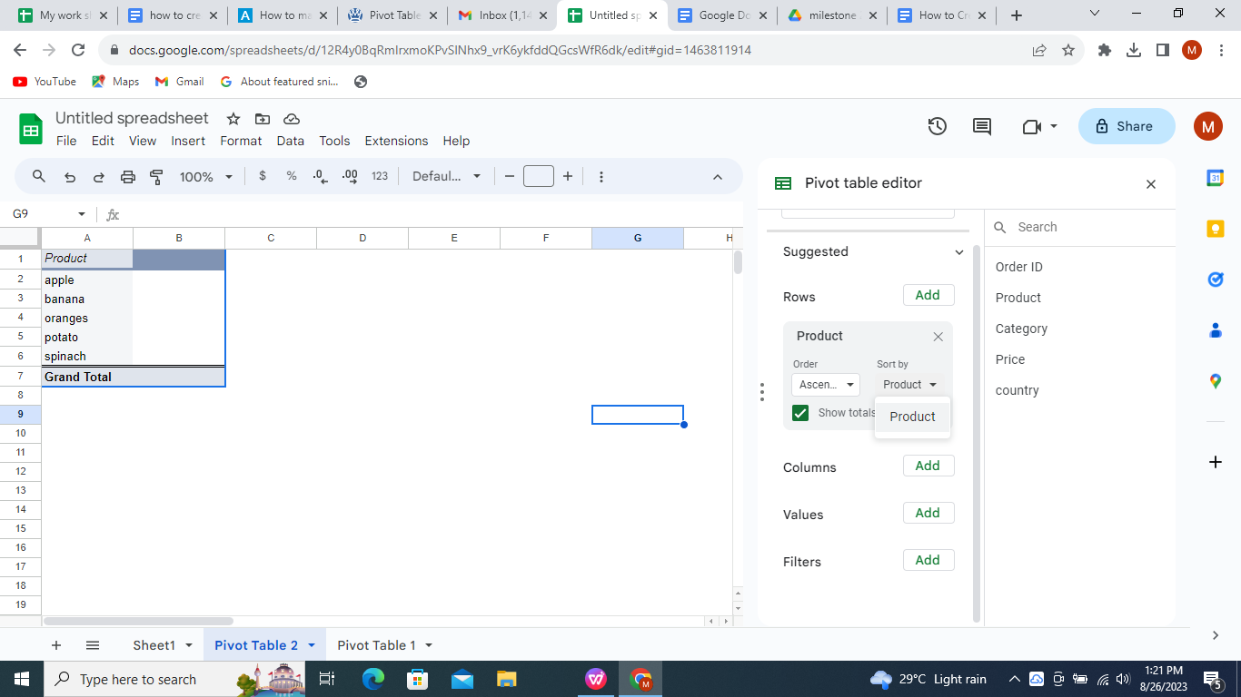 Add products in Rows.