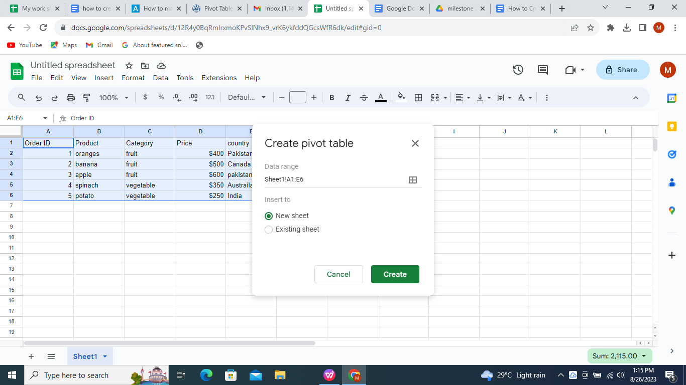 Create pivot table.