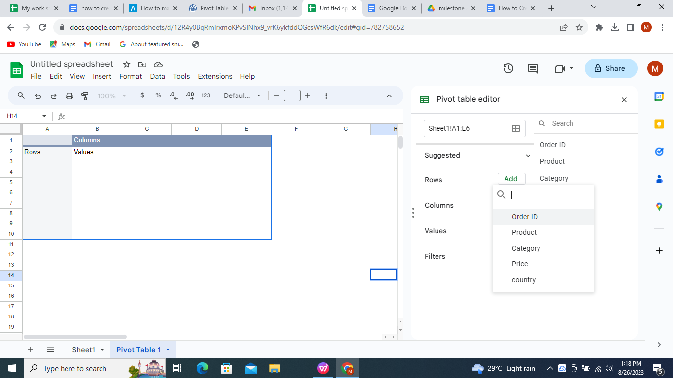 new worksheet with name Pivot Table 1.