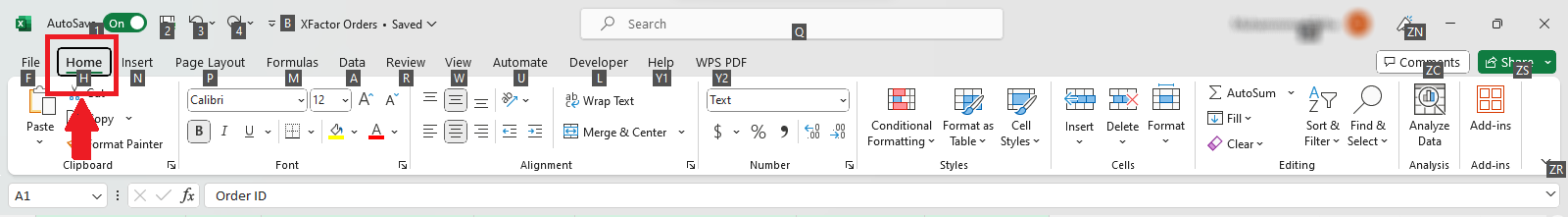 Excel home tab shortcut