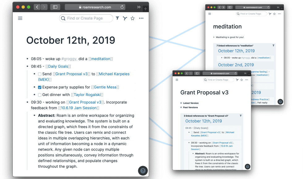 Multiple documents open in Roam Research.