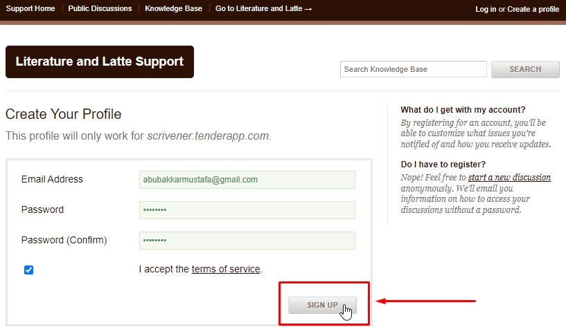 Scrivener sign up button