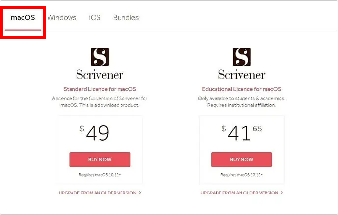 Scrivener prices on macOS for available suites.
