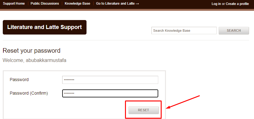 Scrivener reset button