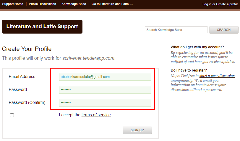 Scrivener password and email