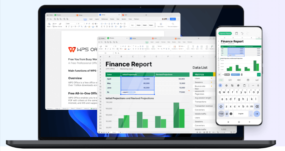 WPS Office open on a laptop and a mobile phone, indicating it is available for all users