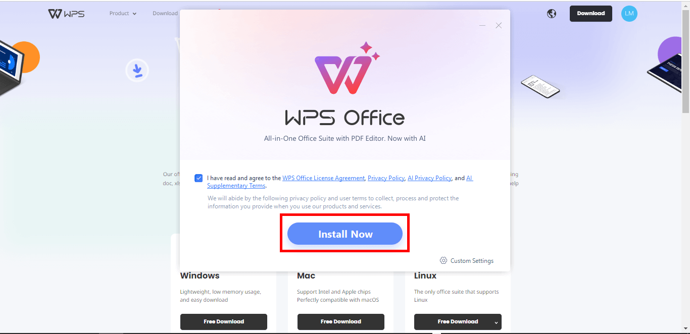WPS Office installation wizard dialog box to start installing the software.