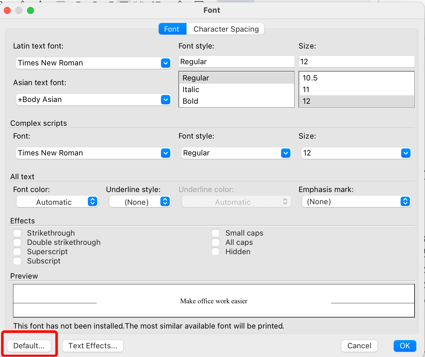 How to set a default font in WPS office